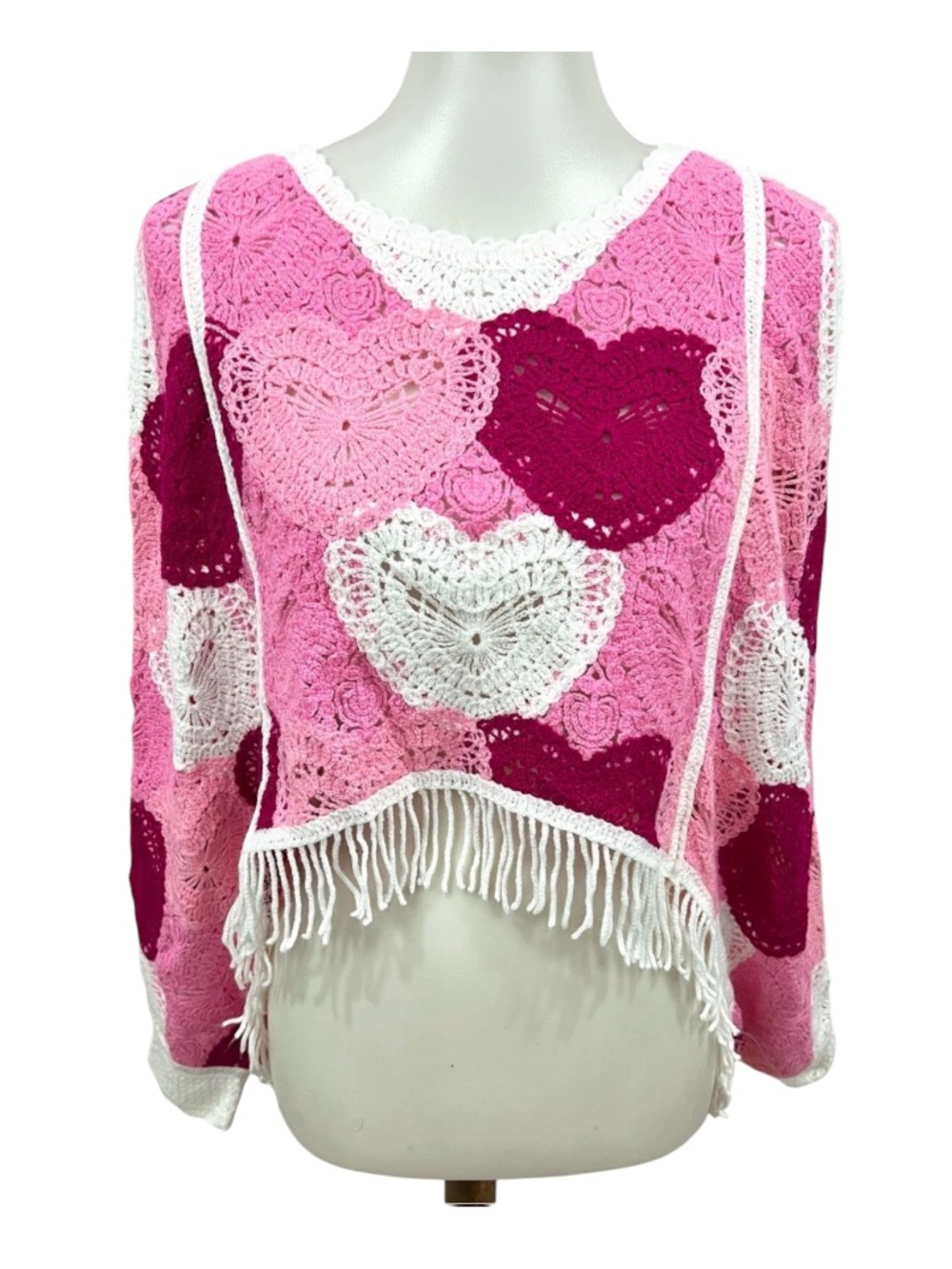 House Of Harlow 1960 Fringe Trim Heart Crochet Long Sleeve Poncho Sweater